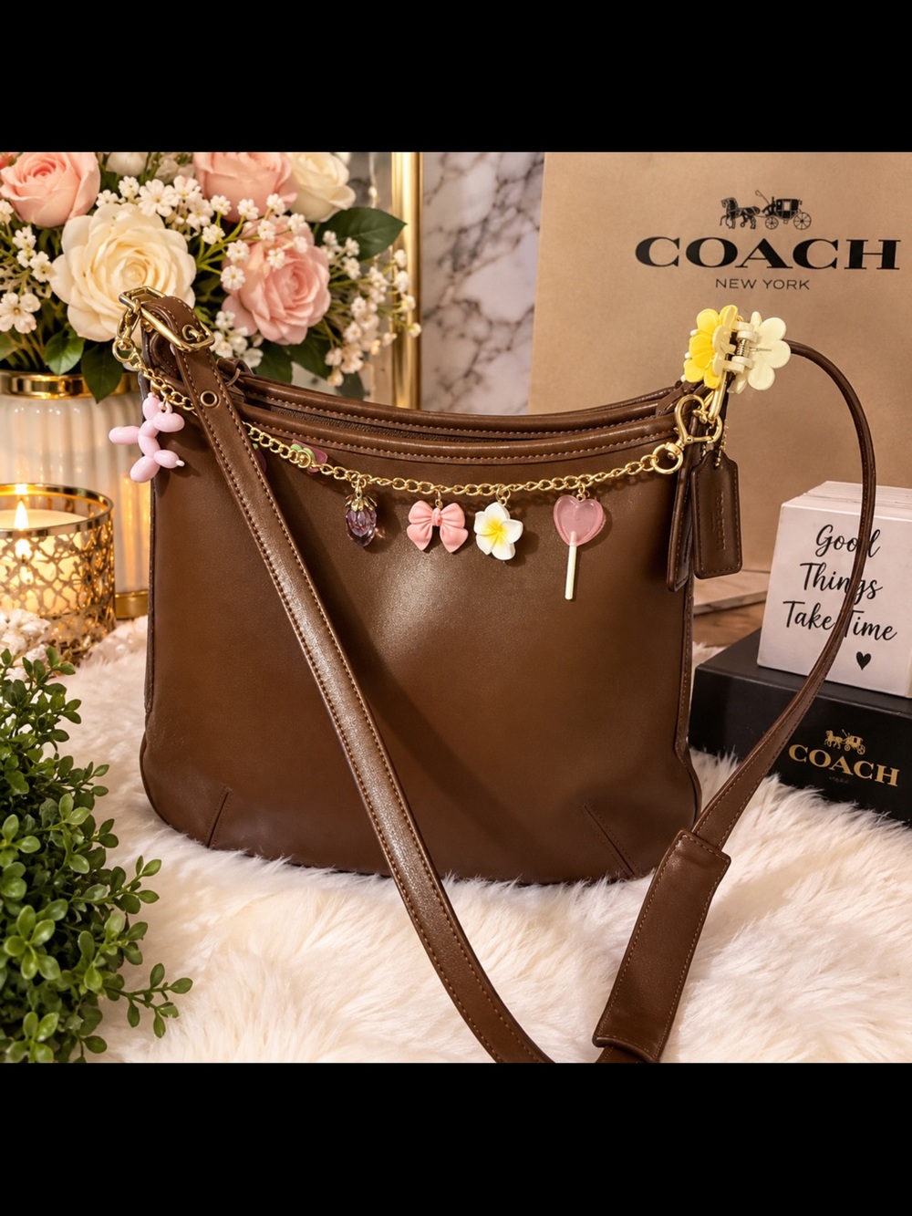 Rare vintageCoach Brown Leather Crossbody with Gold Chain and Pink, Yellow